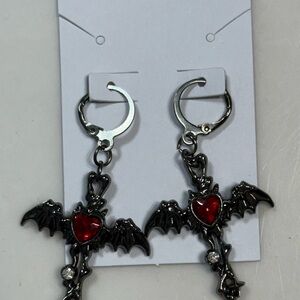 Gothic Bat Cross Earrings with Red Heart